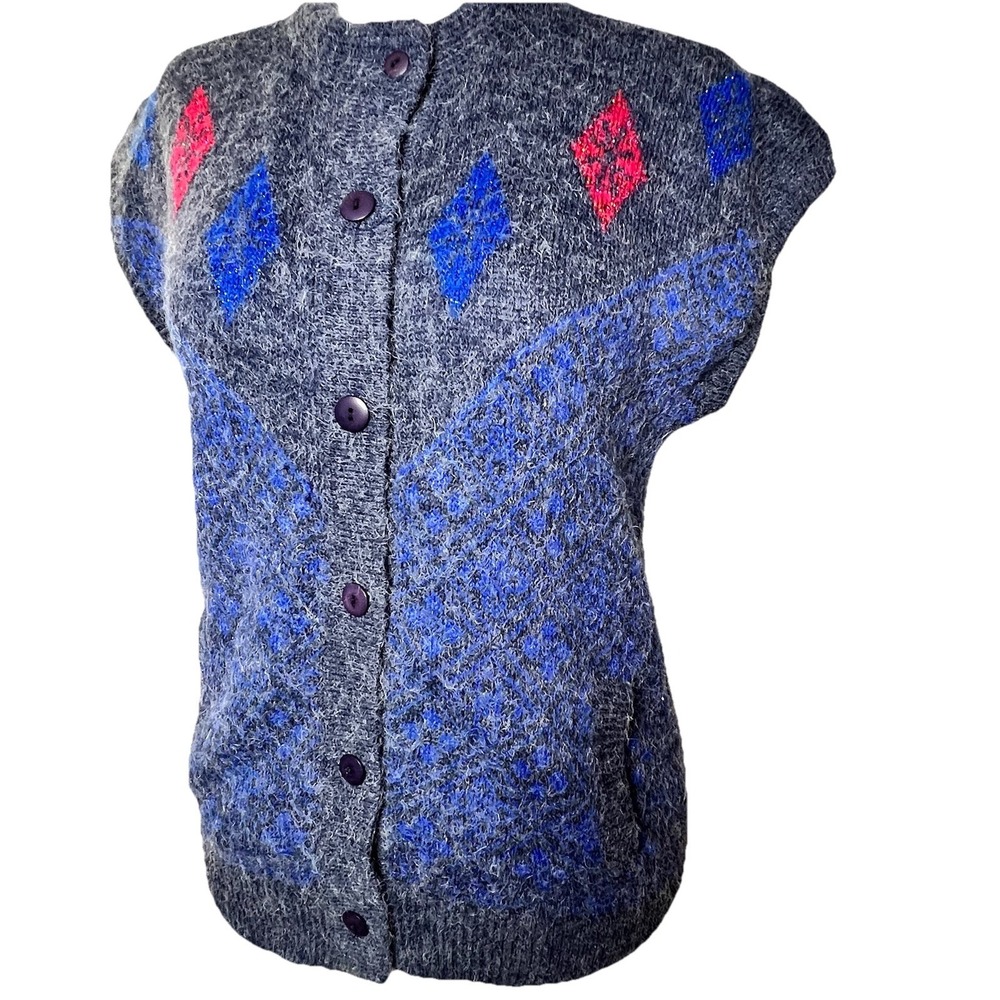 Cheung Kee Vtg Argyle Sweater Vest 100% Wool Blue Cardigan Button Up Preppy 80s - Picture 3 of 7